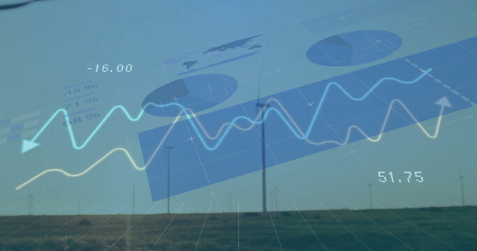 Displaying wind turbines showcasing renewable energy metrics on grassy plain, with data overlays - Powered by Adobe