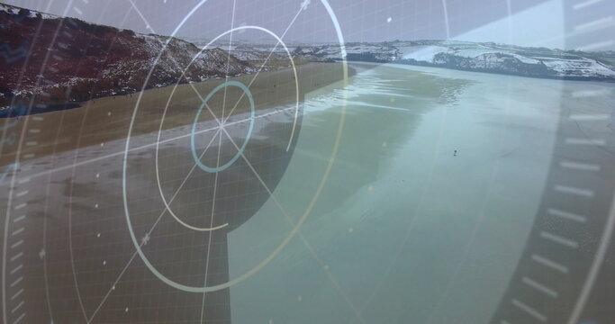 Displaying glacial lake view through radar HUD, with rings, grid lines, indicator dots and icebergs