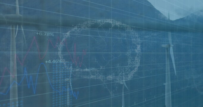 Showing white wind turbine tower standing at wind farm, with wireframe brain and chart overlays - Powered by Adobe