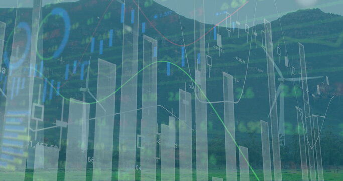 Fototapeta Displaying candlestick bars and line plot overlay merging with mountain meadow, data annotations
