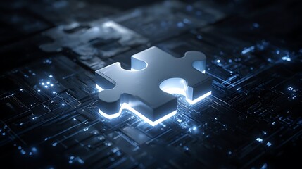 Puzzle Piece on Circuit Board Illustrating Technology and Solutions