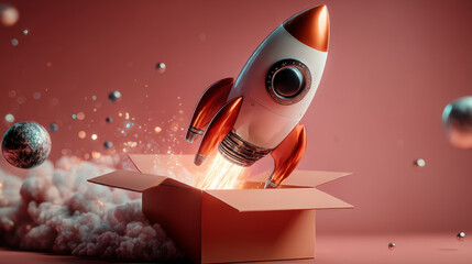 Rocket Launching from Box, New Business Startup. 3D illustration