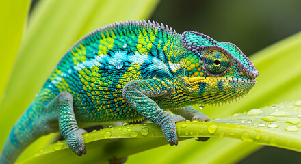 Obraz premium Stunning chameleon resting on a vibrant leaf, captured in vivid detail with dewdrops adding fresh appeal