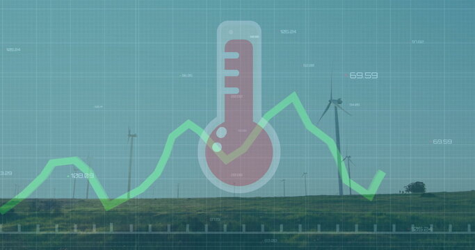 Displaying red thermometer icon over wind turbine hills, showing green chart, gridlines and labels