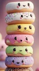 Brightly colored cartoon donuts stacked in a playful arrangement with smiling faces, perfect for dessert lovers of all ages