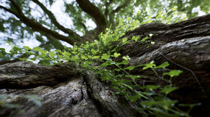 Fototapeta premium Lush Green Moss Growing on Textured Tree Roots, Natural Forest Detail 