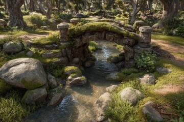 Stone bridge over a babbling brook in a sunlit forest (1)