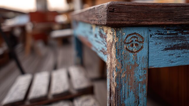 A close-up of an antique wooden table with rich texture, natural colors, blurred background, subtle blue paint on corner for contrast and depth, highlighting aged material warmth and visual appeal.