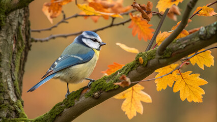 Obraz premium Colorful Cyanistes caeruleus perched in serene autumn woodland, perfect for wildlife photography, birdwatching, and educational resources