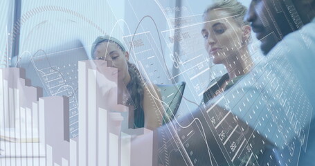 Analysts in business casual reviewing data on laptops in boardroom, with chart overlay, coffee cup