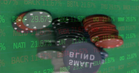 Naklejka premium Showing red, black, gray poker chip stacks under clear stock ticker overlay on green felt table