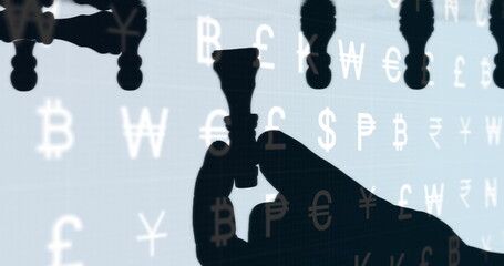 Holding chess piece with hand silhouette on digital grid with floating currency symbols, copy space