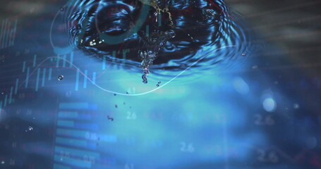 Water droplet impacting surface and creating ripples in digital display, with financial data
