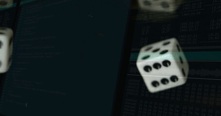 Floating white dice tumbling in dimly lit office, with monitors displaying code, encryption text