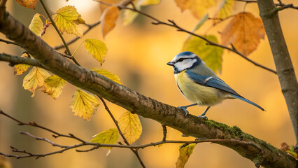Obraz premium Colorful Cyanistes caeruleus perched in serene autumn woodland, perfect for wildlife photography, birdwatching, and educational resources