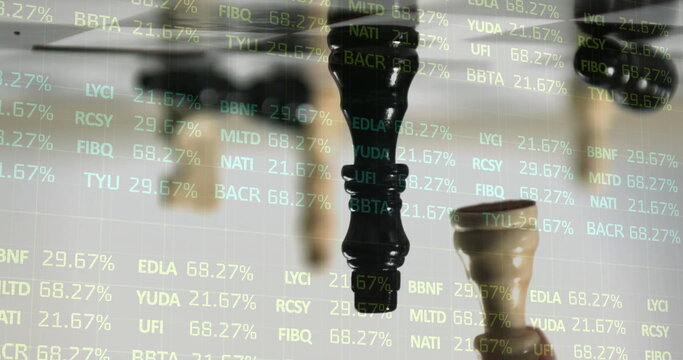 Displaying wooden queen chess piece alongside pawn on studio chessboard with stock ticker overlays