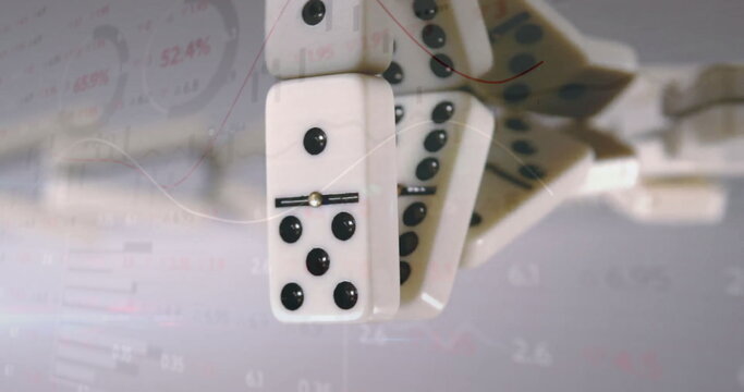Falling white domino tiles cascading in studio, with faint data charts with percentage labels
