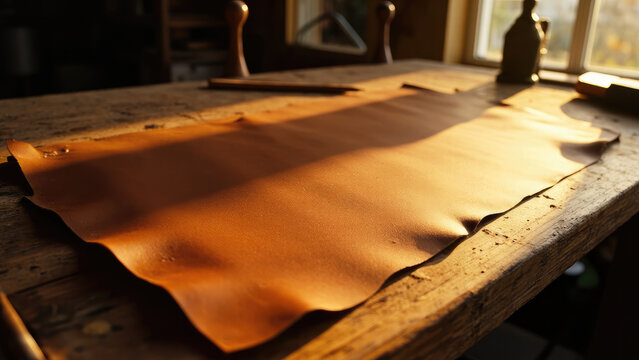Brown leather hide on a rustic wooden table with sunlight streaming through a window creating shadows and highlights