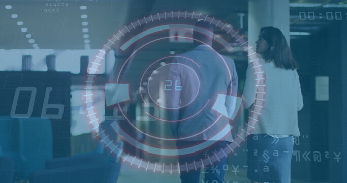 Walking travelers wearing blazer, white sweater crossing departure lounge with chairs, HUD overlay