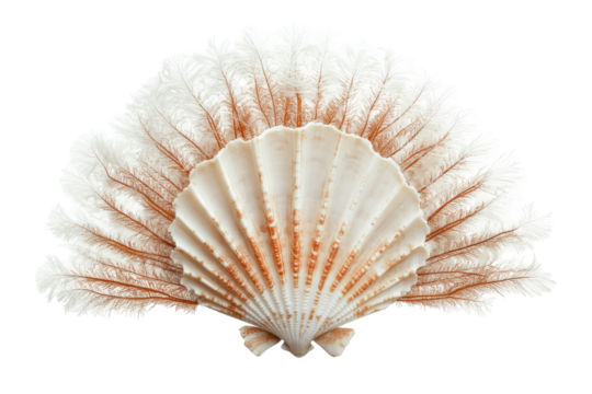 White scallop shell isolated on transparent background. White elegant sea jacobean scallop shell isolated on white background.
