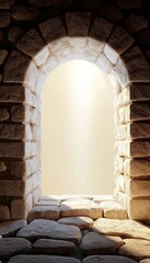 Fototapeta premium Dramatic Light Illuminates a Stone Archway Opening in a Dark Vault, Symbolizing Hope and Escape