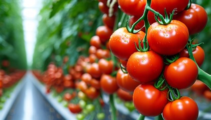 Harvesting fresh tomatoes greenhouse farm agriculture controlled environment close-up view organic farming practices