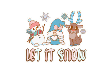  Let It Snow with Bunny Friends and Snowman Illustration Sublimation T Shirt Design