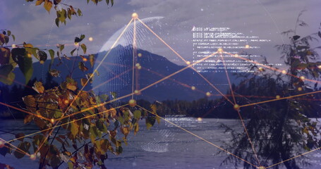 Naklejka premium Displaying digital network overlay at mountain lake with golden nodes, mesh globe and floating code