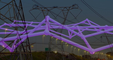 Glowing purple network overlay connecting power lines and towers along highway, lighting road below