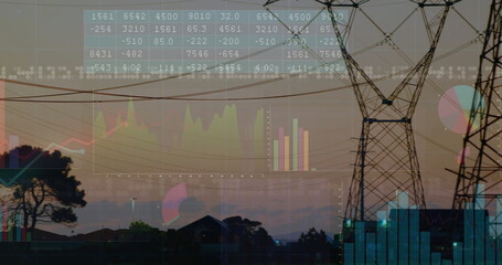 Displaying transmission tower extending power lines over dusk suburbs, with floating data overlays