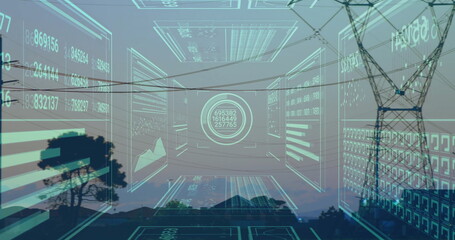 Displaying panels showing numeric readouts, grids over rural hills at dusk with transmission tower