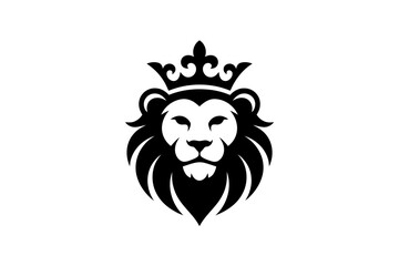 Majestic Lion Head with Royal Crown Logo Design Black and White Vector Illustration