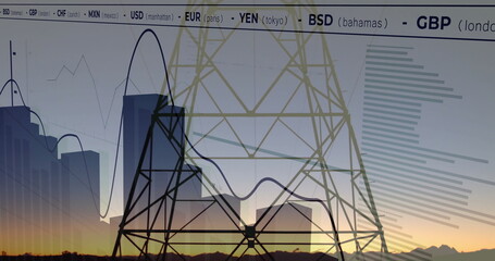 Standing electricity tower glowing against mountain sunset, with line graph and bar chart overlays