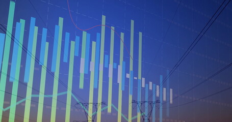 Displaying vertical bar charts and red trend line over power lines, towers at dusk, with gridlines