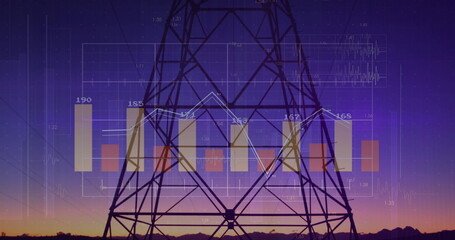 Standing power transmission tower in landscape at dusk with bar charts, line graph and grid overlay