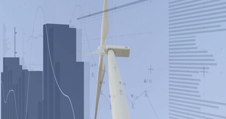 Presenting white wind turbine spinning in data scene, with dark blue bar silhouettes, line charts