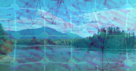 Naklejka premium Superimposing molecular network graphic over mountain lake, with pebble shoreline and pine forest