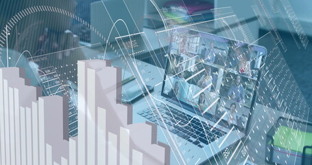 Displaying laptop showing colleagues in business attire meeting at office desk, stock chart overlay