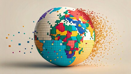 Colorful pixelated world globe dissolving into particles on beige background
