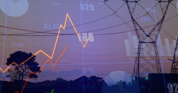 Showing steel tower rising over power lines dusk suburb skyline with numeric chart overlays houses