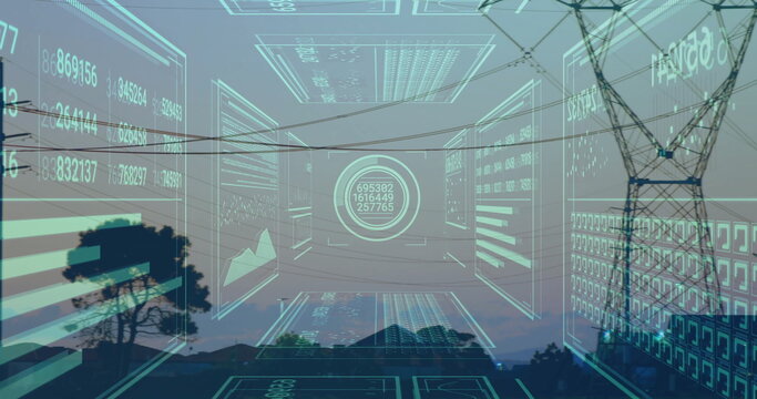 Fototapeta Displaying panels showing numeric readouts, grids over rural hills at dusk with transmission tower
