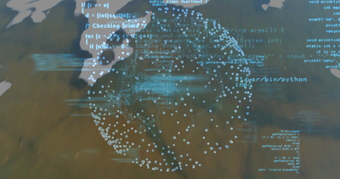 Displaying globe formed by white dots rotating over blurred map at interface, with code