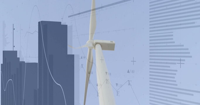 Presenting white wind turbine spinning in data scene, with dark blue bar silhouettes, line charts