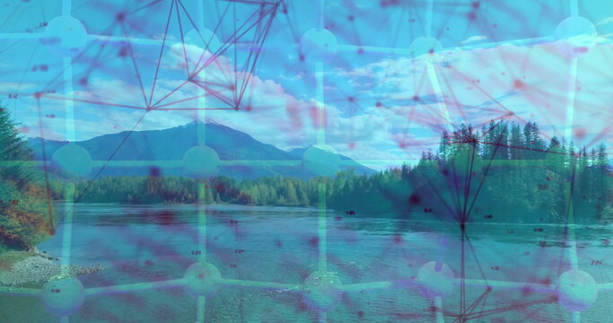 Superimposing molecular network graphic over mountain lake, with pebble shoreline and pine forest - Powered by Adobe