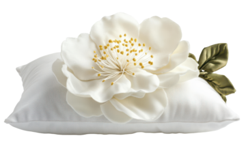 Elegant white flower resting on a soft white pillow isolated on transparent background. White flower isolated on white background.