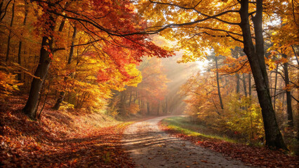 Beautiful autumn forest path with colorful foliage nature scenery landscape wallpaper background image
