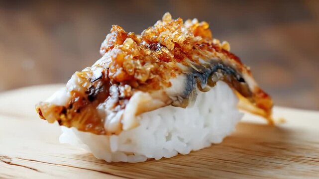 A grilled eel sushi with crispy garlic and onions on wooden board delicious and savory japanese presentation with glossy eel, crunchy toppings, and perfectly shaped rice for appetizing contrast
