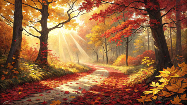 Beautiful autumn forest scenery landscape with colorful leaves and sun rays painting style image