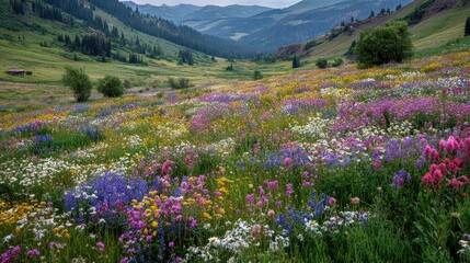 Obraz premium Colorful Flowers Bloom in Mountain Valley with Forested Hills For Brochure Use