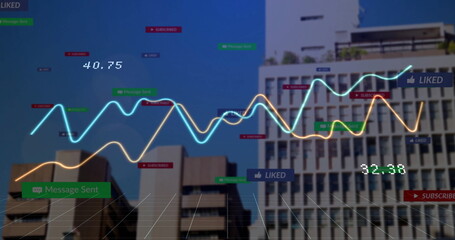 Displaying visualization overlay streaming across office facades with neon graphs and numeric tags